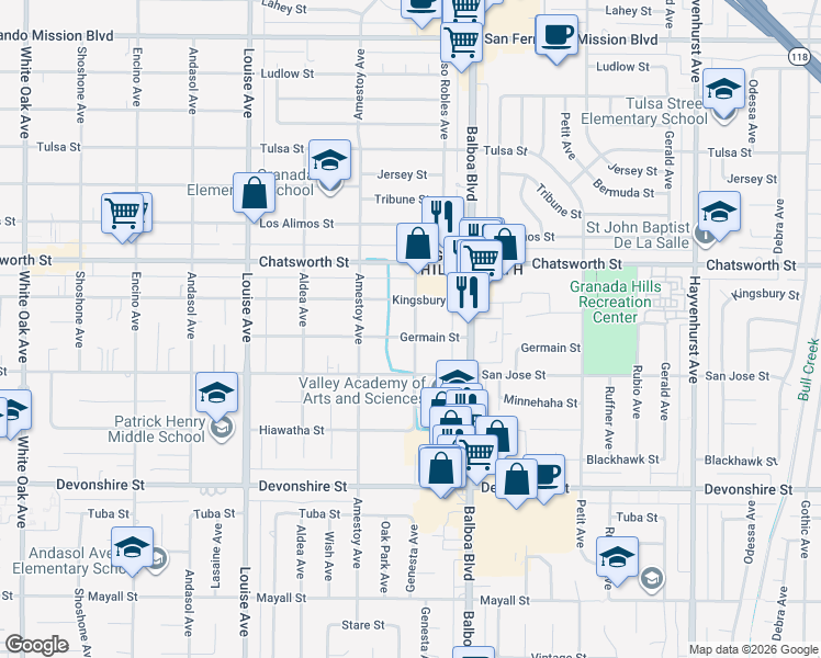 map of restaurants, bars, coffee shops, grocery stores, and more near 17061 Germain Street in Los Angeles
