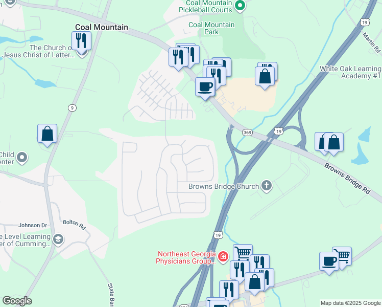 map of restaurants, bars, coffee shops, grocery stores, and more near 5370 Rialto Way in Cumming