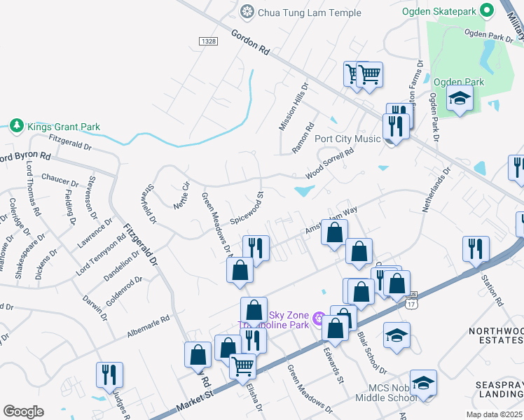 map of restaurants, bars, coffee shops, grocery stores, and more near 6400 Spicewood Street in Wilmington