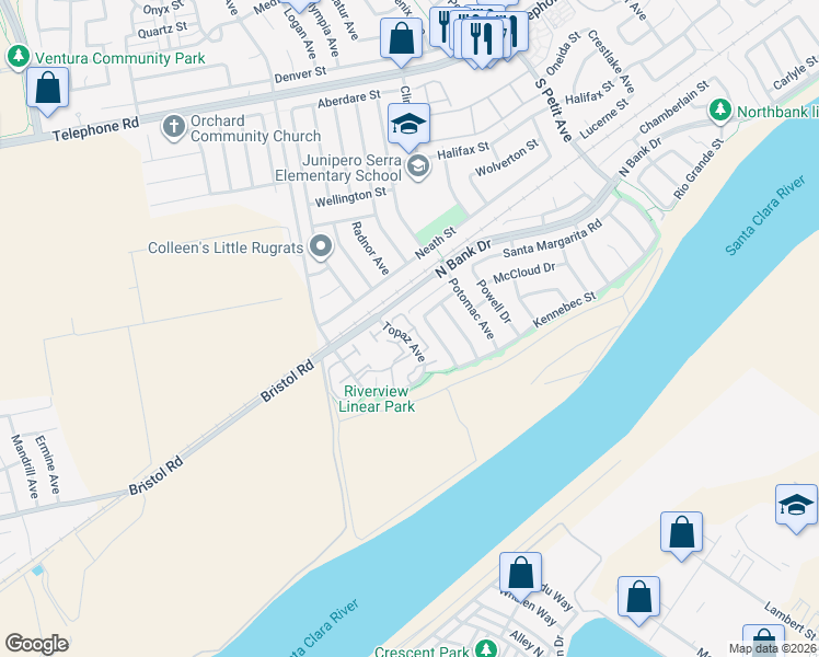 map of restaurants, bars, coffee shops, grocery stores, and more near 1848 Topaz Avenue in Ventura