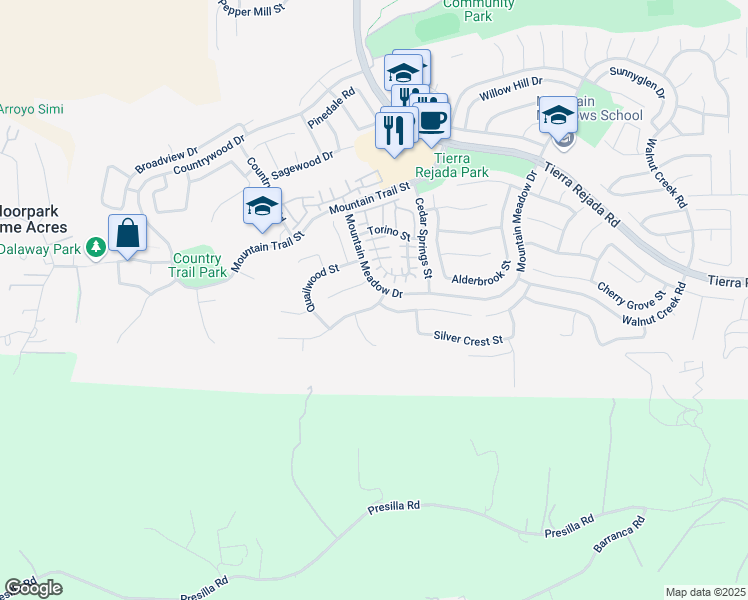 map of restaurants, bars, coffee shops, grocery stores, and more near 11763 Chestnut Ridge Street in Moorpark