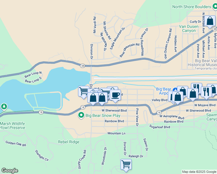 map of restaurants, bars, coffee shops, grocery stores, and more near 1031 West Fairway Boulevard in Big Bear