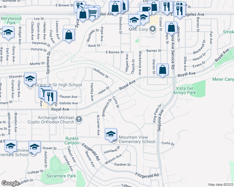 map of restaurants, bars, coffee shops, grocery stores, and more near 2928 Royal Avenue in Simi Valley