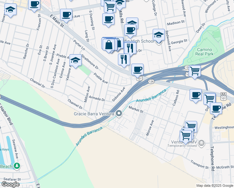 map of restaurants, bars, coffee shops, grocery stores, and more near 3408 Rexford Street in Ventura