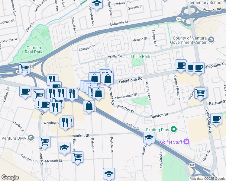 map of restaurants, bars, coffee shops, grocery stores, and more near 1178 Portola Road in Ventura