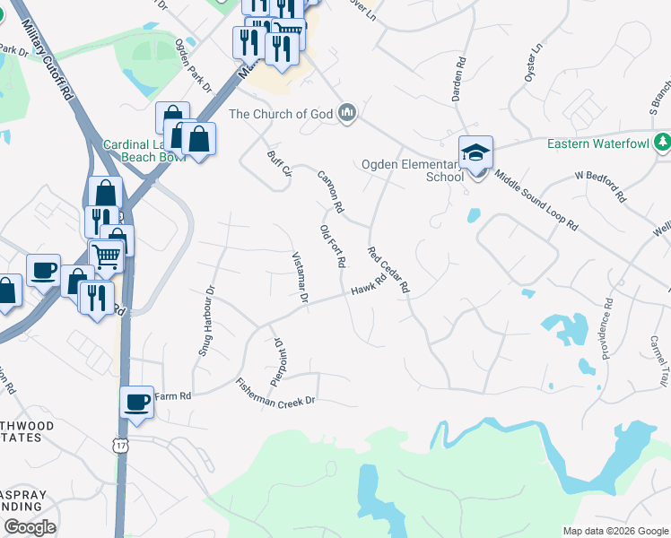 map of restaurants, bars, coffee shops, grocery stores, and more near 6515 Old Fort Road in Wilmington