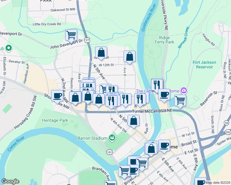 map of restaurants, bars, coffee shops, grocery stores, and more near 906 North 5th Avenue in Rome