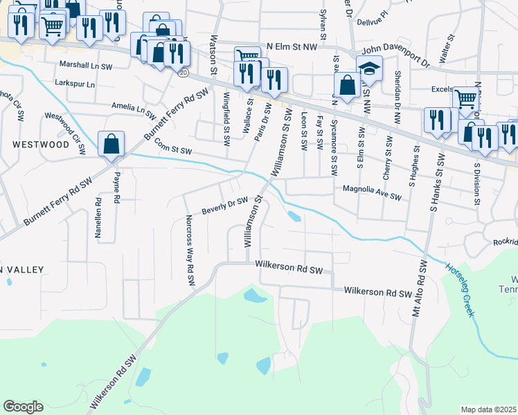 map of restaurants, bars, coffee shops, grocery stores, and more near 110 Williamson Street Southwest in Rome