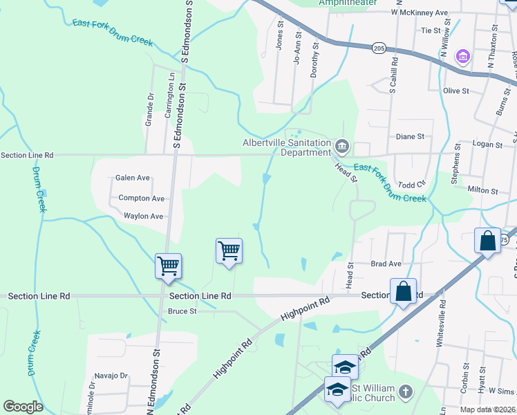 map of restaurants, bars, coffee shops, grocery stores, and more near 802 Half Section Line Road in Albertville