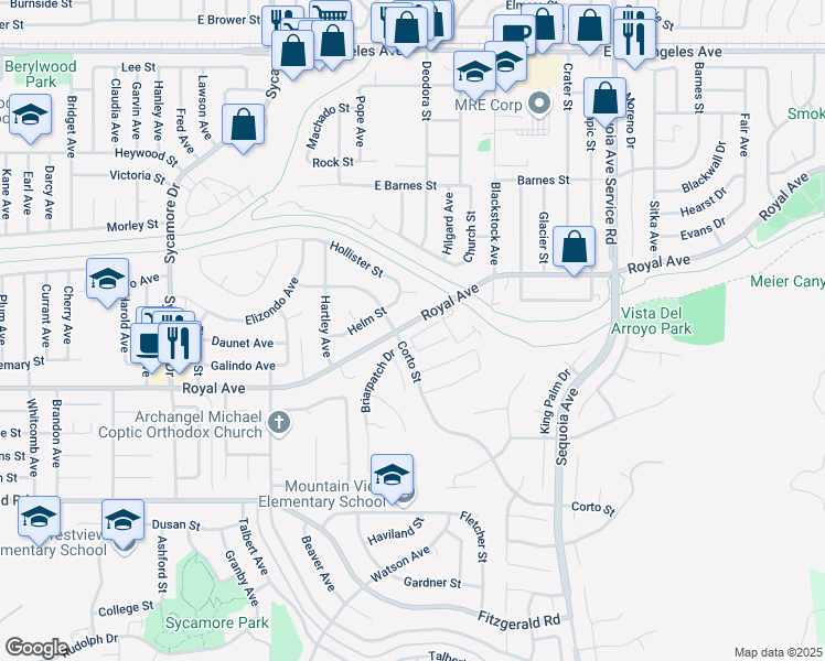 map of restaurants, bars, coffee shops, grocery stores, and more near 2928 Royal Avenue in Simi Valley