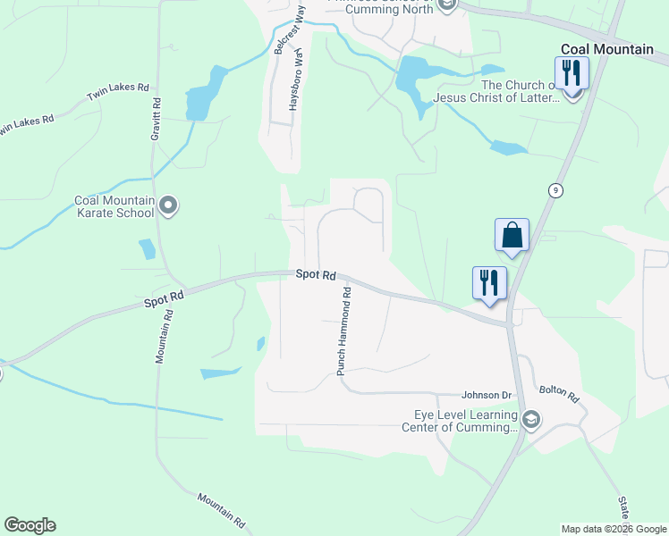 map of restaurants, bars, coffee shops, grocery stores, and more near 3020 Spot Road in Cumming