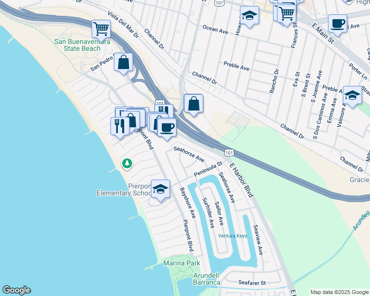 map of restaurants, bars, coffee shops, grocery stores, and more near 2496 Seahorse Avenue in Ventura