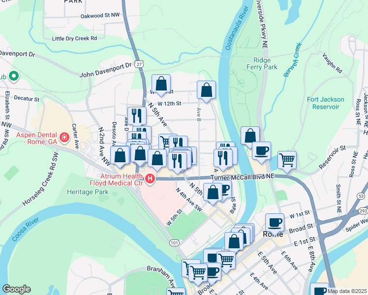 map of restaurants, bars, coffee shops, grocery stores, and more near 906 North 5th Avenue in Rome