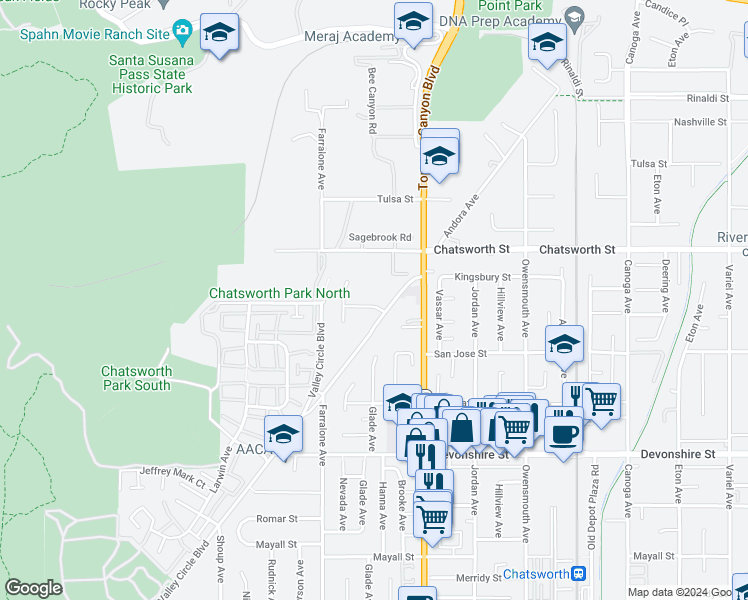 map of restaurants, bars, coffee shops, grocery stores, and more near 22109 Germain Street in Los Angeles