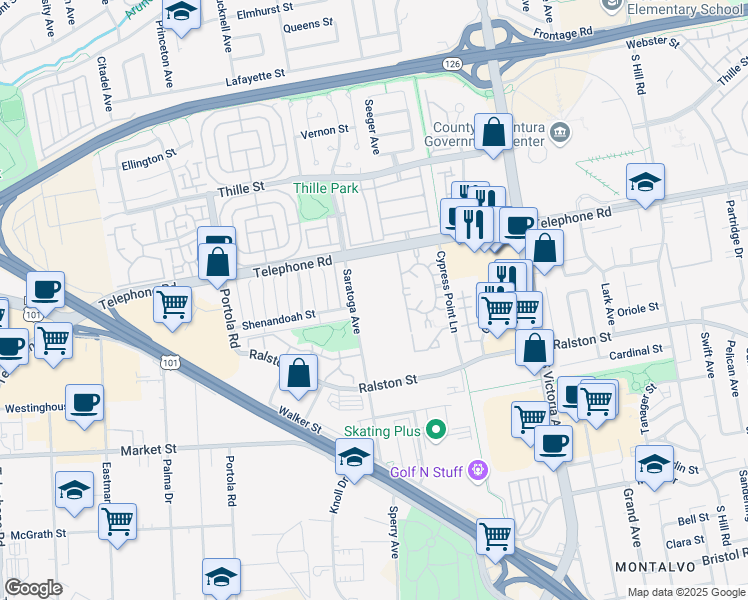 map of restaurants, bars, coffee shops, grocery stores, and more near 1300 Saratoga Avenue in Ventura