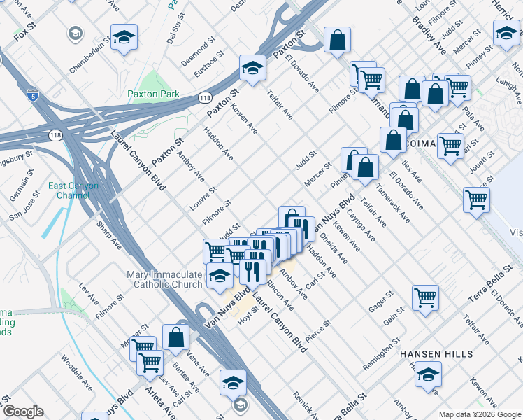 map of restaurants, bars, coffee shops, grocery stores, and more near 13716 Judd Street in Los Angeles
