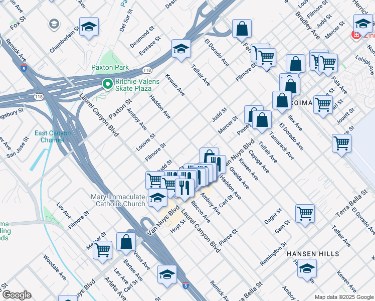 map of restaurants, bars, coffee shops, grocery stores, and more near 13716 Judd Street in Los Angeles
