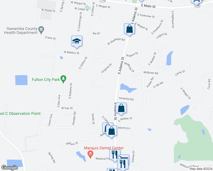 map of restaurants, bars, coffee shops, grocery stores, and more near 617 West Sheffield Road in Fulton