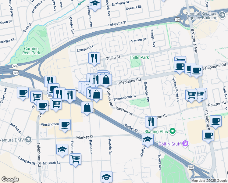 map of restaurants, bars, coffee shops, grocery stores, and more near 1179 Acadia Place in Ventura