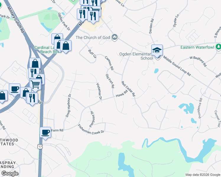 map of restaurants, bars, coffee shops, grocery stores, and more near 6515 Old Fort Road in Wilmington