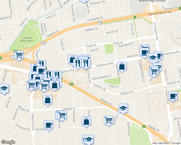 map of restaurants, bars, coffee shops, grocery stores, and more near 1178 Portola Road in Ventura