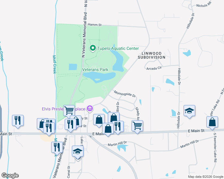 map of restaurants, bars, coffee shops, grocery stores, and more near 600 Elvis Presley Drive in Tupelo