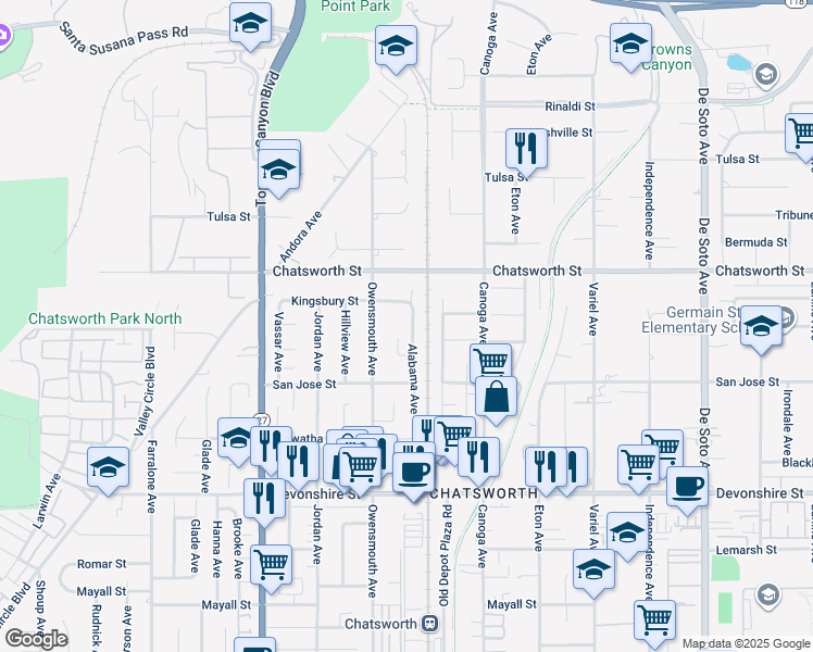 map of restaurants, bars, coffee shops, grocery stores, and more near 10603 Alabama Avenue in Los Angeles