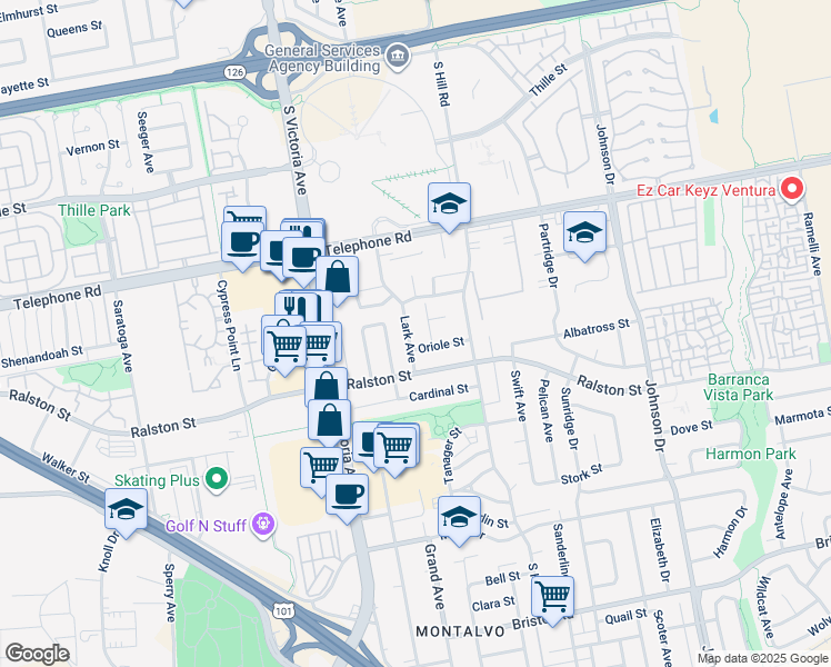 map of restaurants, bars, coffee shops, grocery stores, and more near 1366 Lark Avenue in Ventura
