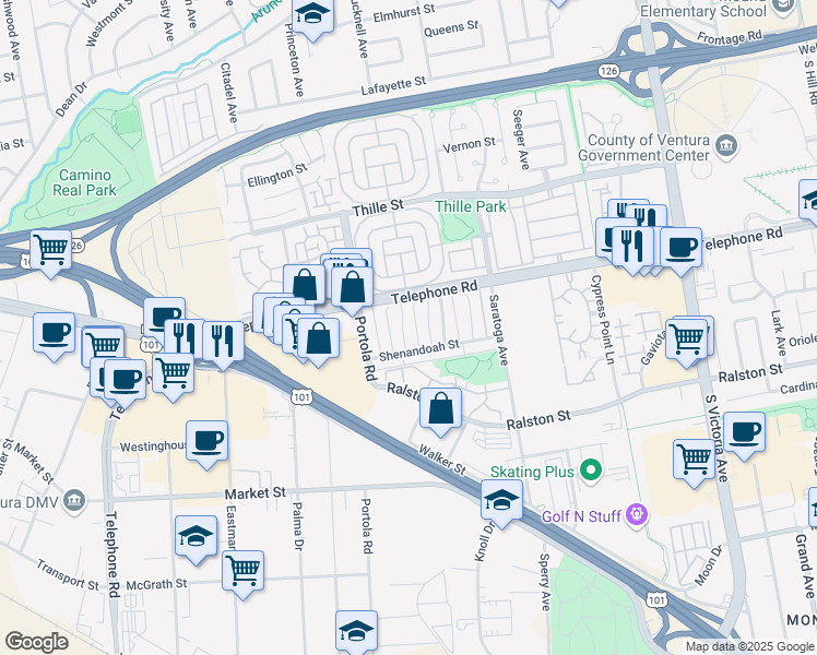 map of restaurants, bars, coffee shops, grocery stores, and more near 1187 Bryce Way in Ventura