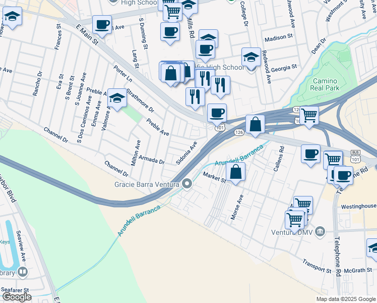 map of restaurants, bars, coffee shops, grocery stores, and more near 3447 Rexford Street in Ventura