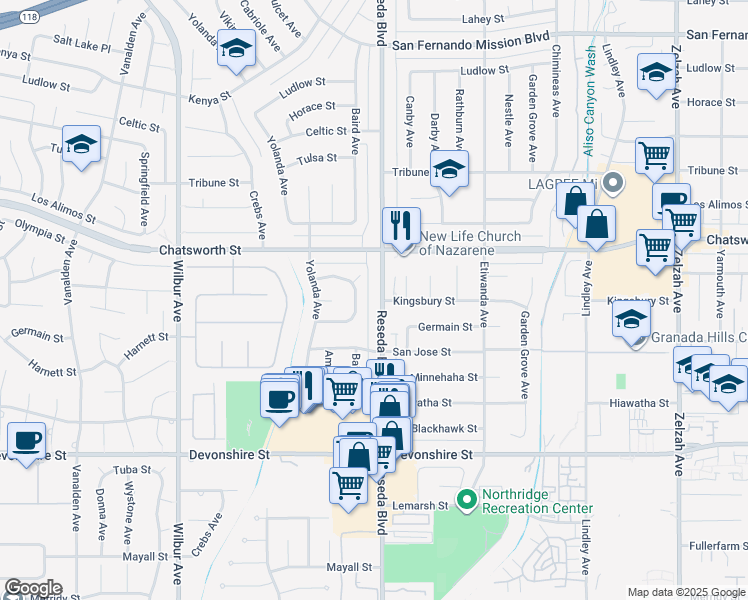 map of restaurants, bars, coffee shops, grocery stores, and more near 10557 Reseda Boulevard in Los Angeles