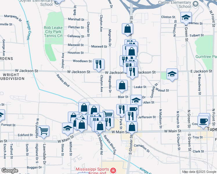 map of restaurants, bars, coffee shops, grocery stores, and more near 501-599 Magnolia Drive in Tupelo
