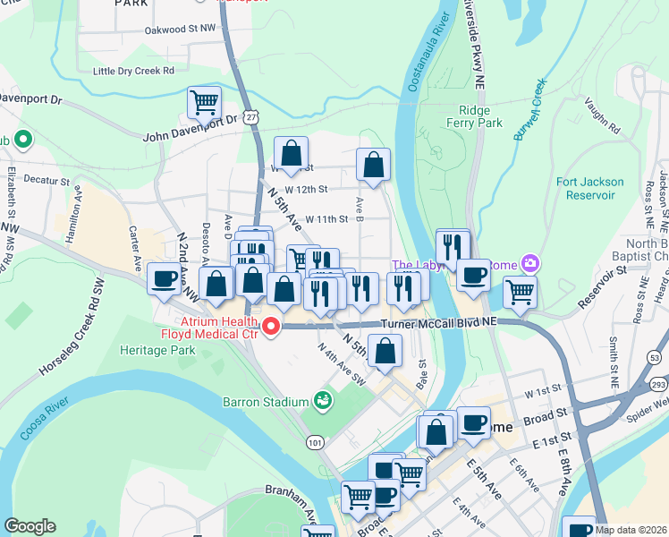 map of restaurants, bars, coffee shops, grocery stores, and more near 906 North 5th Avenue in Rome