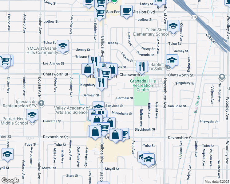 map of restaurants, bars, coffee shops, grocery stores, and more near 16866 Kingsbury Street in Los Angeles