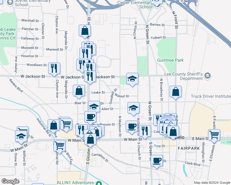 map of restaurants, bars, coffee shops, grocery stores, and more near 630 Walnut Street in Tupelo