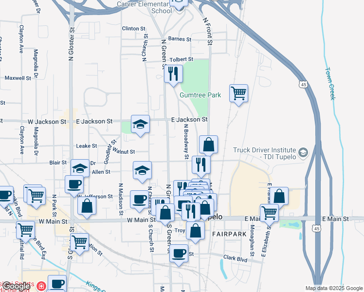 map of restaurants, bars, coffee shops, grocery stores, and more near 400-498 North Broadway Street in Tupelo