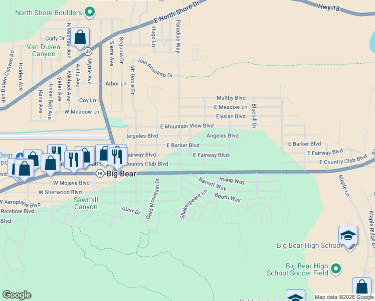 map of restaurants, bars, coffee shops, grocery stores, and more near 311 Eider Drive in Big Bear