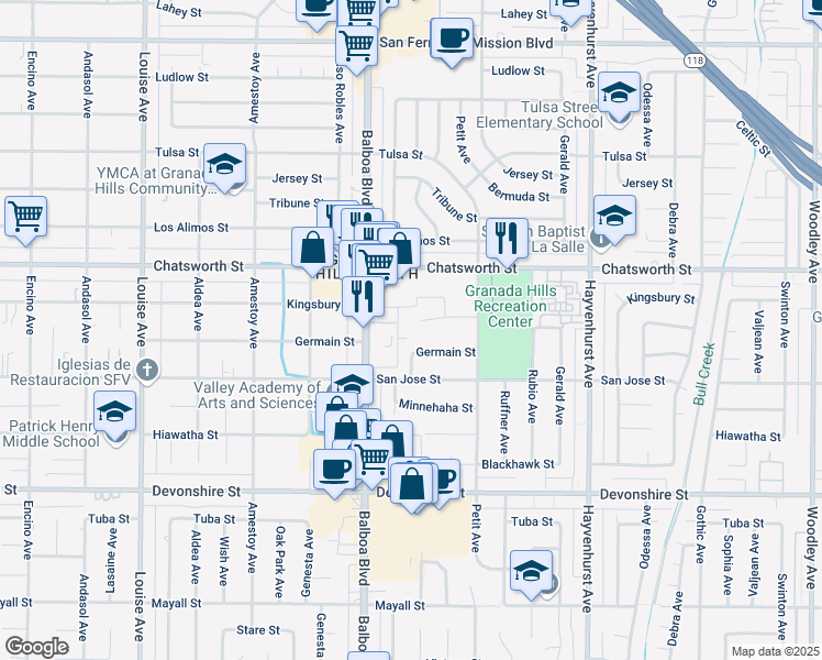 map of restaurants, bars, coffee shops, grocery stores, and more near 16866 Kingsbury Street in Los Angeles