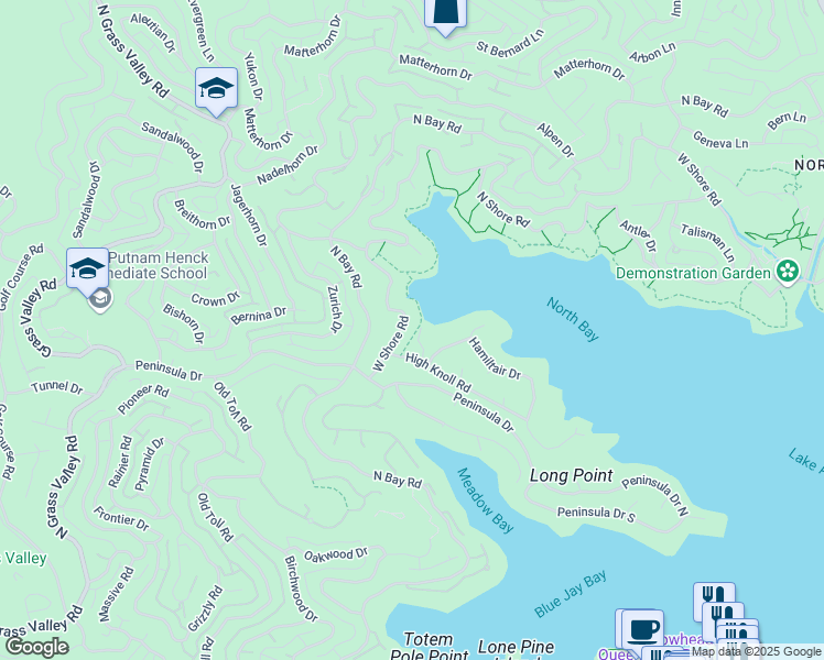 map of restaurants, bars, coffee shops, grocery stores, and more near 27513 West Shore Road in Lake Arrowhead