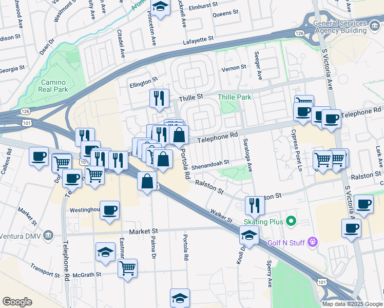 map of restaurants, bars, coffee shops, grocery stores, and more near 1138 Portola Road in Ventura
