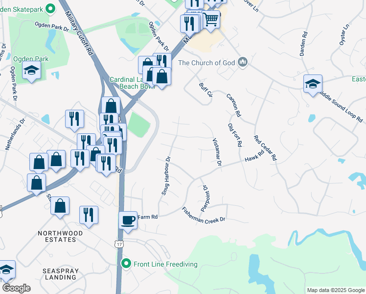 map of restaurants, bars, coffee shops, grocery stores, and more near 7119 Loqust Drive in Wilmington