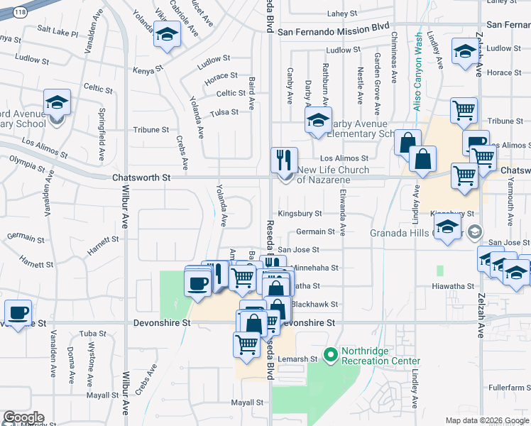 map of restaurants, bars, coffee shops, grocery stores, and more near 10557 Reseda Boulevard in Los Angeles