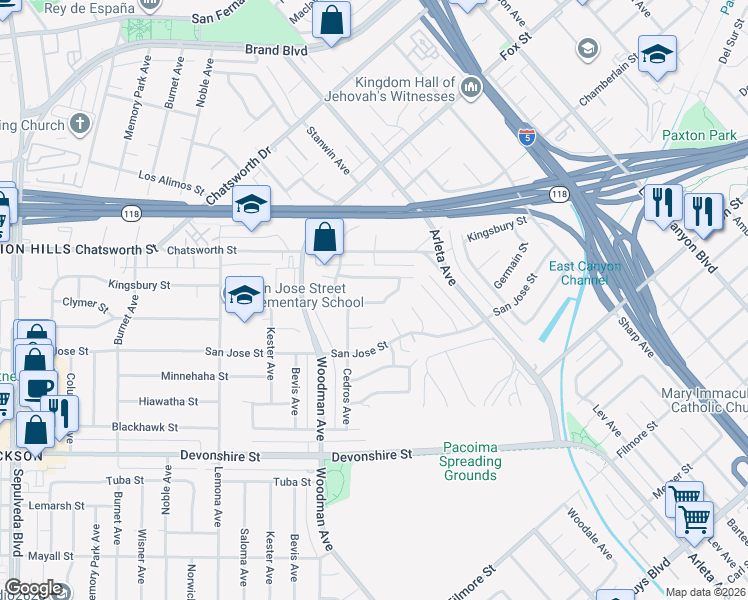 map of restaurants, bars, coffee shops, grocery stores, and more near 14671 Clymer Street in Los Angeles