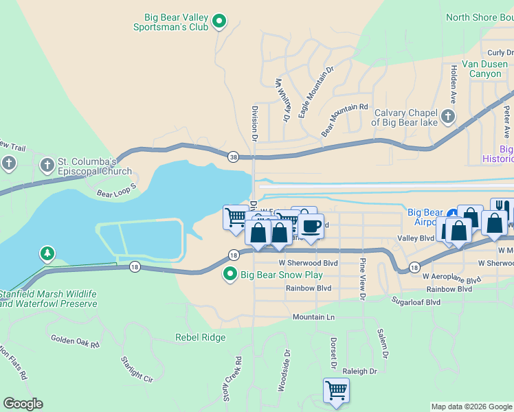 map of restaurants, bars, coffee shops, grocery stores, and more near 404 North Division Drive in Big Bear