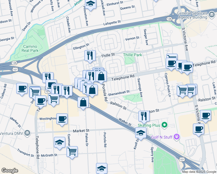 map of restaurants, bars, coffee shops, grocery stores, and more near 1179 Acadia Place in Ventura