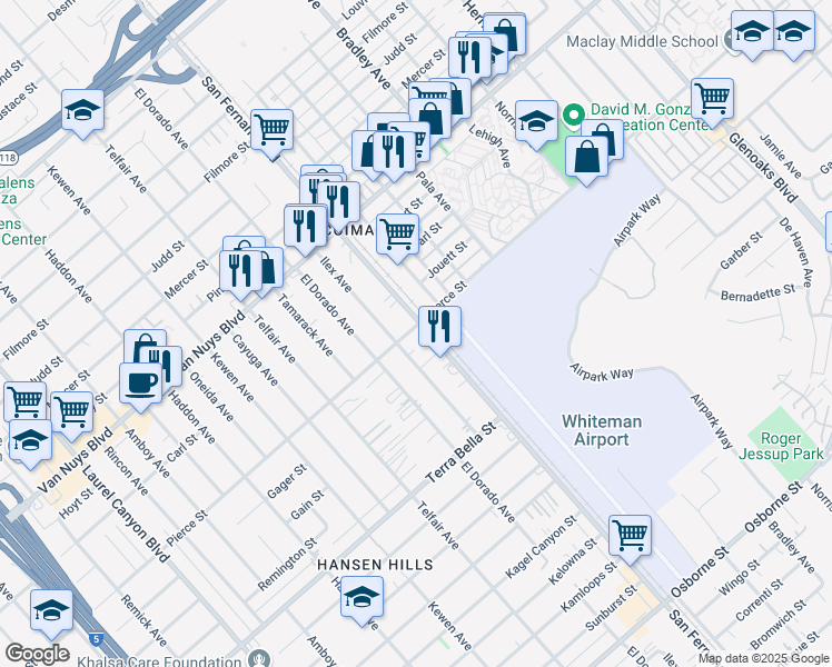 map of restaurants, bars, coffee shops, grocery stores, and more near 10615 San Fernando Road in Los Angeles