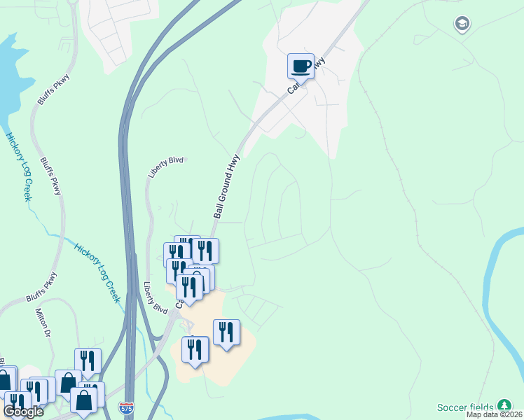 map of restaurants, bars, coffee shops, grocery stores, and more near 1820 Ball Ground Highway in Canton