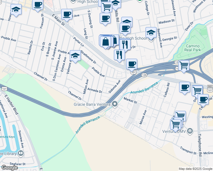 map of restaurants, bars, coffee shops, grocery stores, and more near 3352 Rexford Street in Ventura