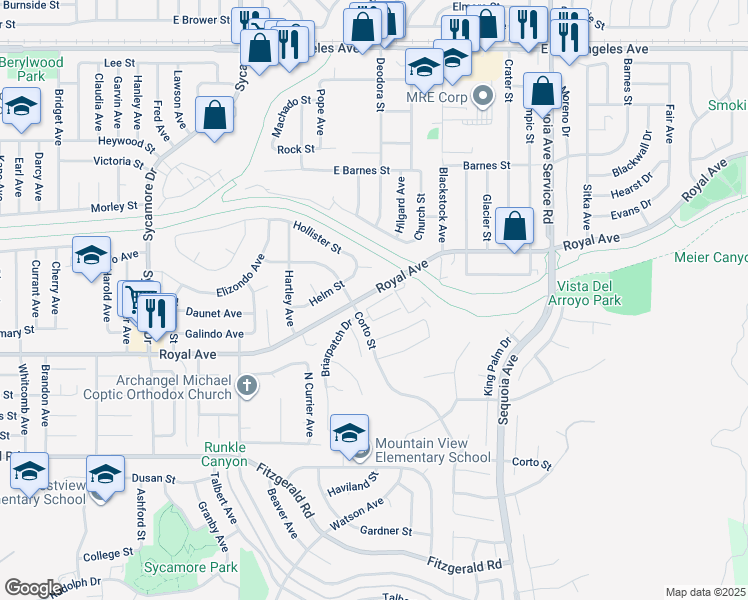 map of restaurants, bars, coffee shops, grocery stores, and more near 2944 Royal Avenue in Simi Valley