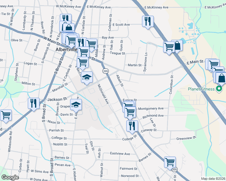 map of restaurants, bars, coffee shops, grocery stores, and more near 300 Baltimore Avenue in Albertville
